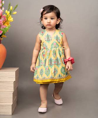 Yellow crepe printed floral overlap dress 1