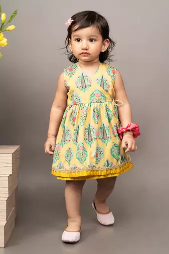 Yellow crepe printed floral overlap dress
