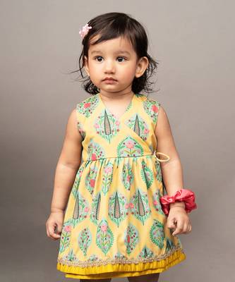 Yellow crepe printed floral overlap dress 2