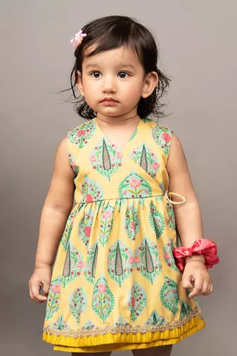 Yellow crepe printed floral overlap dress