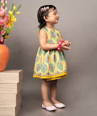Yellow crepe printed floral overlap dress 3