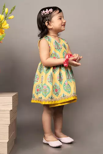 Yellow crepe printed floral overlap dress