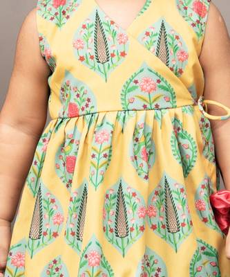 Yellow crepe printed floral overlap dress 4