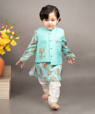 Blue kurta silk printed floral bundi jacket set 1