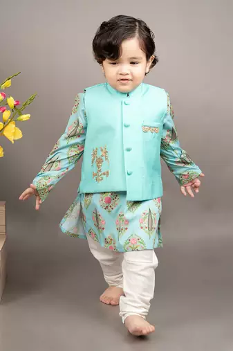 Blue kurta silk printed floral bundi jacket set
