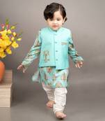 Blue kurta silk printed floral bundi jacket set