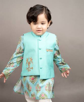 Blue kurta silk printed floral bundi jacket set 2