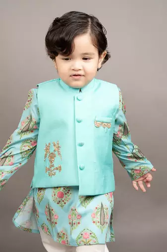 Blue kurta silk printed floral bundi jacket set