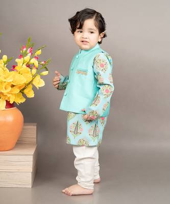 Blue kurta silk printed floral bundi jacket set 3