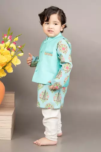 Blue kurta silk printed floral bundi jacket set