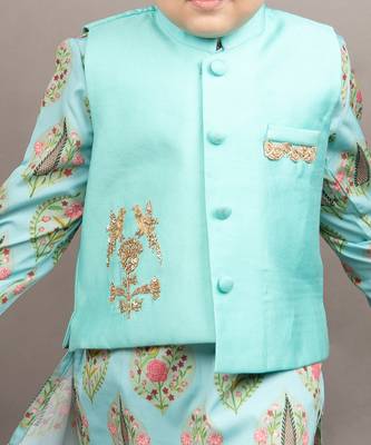 Blue kurta silk printed floral bundi jacket set 4