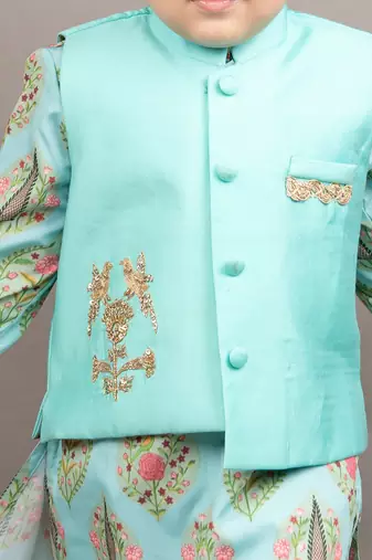 Blue kurta silk printed floral bundi jacket set