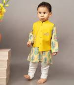 Yellow kurta silk printed floral bundi jacket set