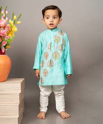 Blue silk printed floral kurta and churidar set 1