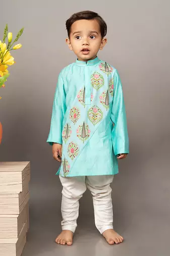 Blue silk printed floral kurta and churidar set