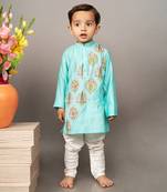 Blue silk printed floral kurta and churidar set