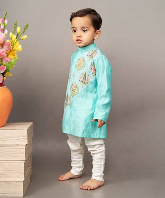 Blue silk printed floral kurta and churidar set 2