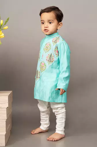 Blue silk printed floral kurta and churidar set