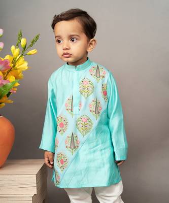 Blue silk printed floral kurta and churidar set 3