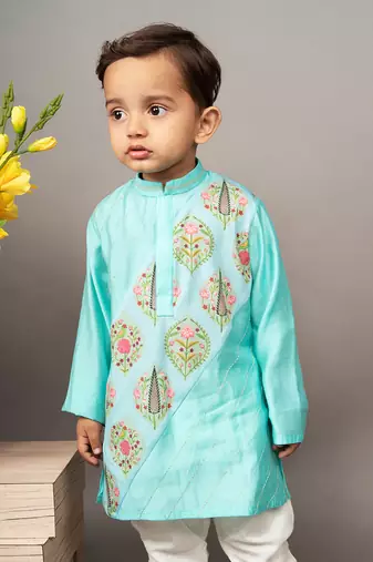 Blue silk printed floral kurta and churidar set