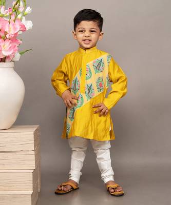 Yellow silk printed floral kurta and churidar set 1