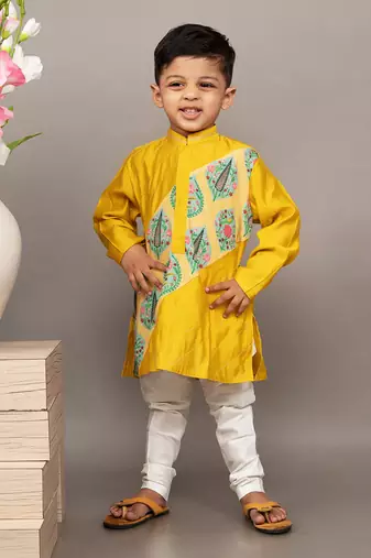 Yellow silk printed floral kurta and churidar set