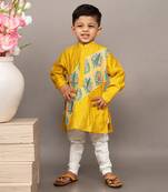 Yellow silk printed floral kurta and churidar set