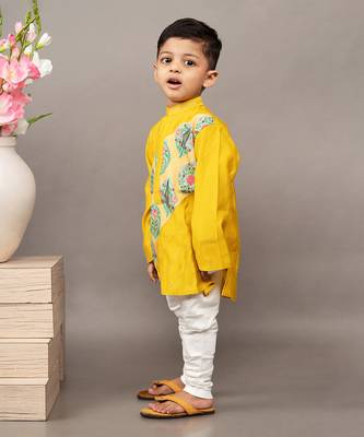 Yellow silk printed floral kurta and churidar set 2