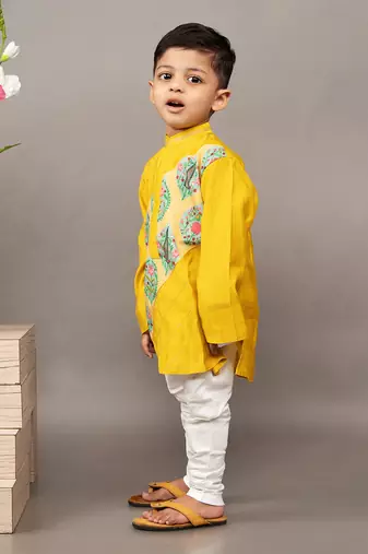Yellow silk printed floral kurta and churidar set