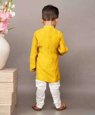 Yellow silk printed floral kurta and churidar set 3