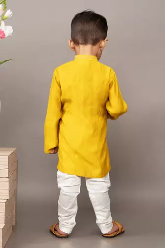 Yellow silk printed floral kurta and churidar set