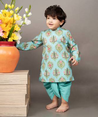 Aqua blue silk printed floral kurta and dhoti set 1