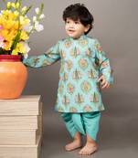 Aqua blue silk printed floral kurta and dhoti set