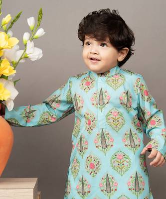 Aqua blue silk printed floral kurta and dhoti set 2