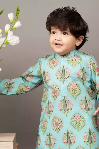Aqua blue silk printed floral kurta and dhoti set