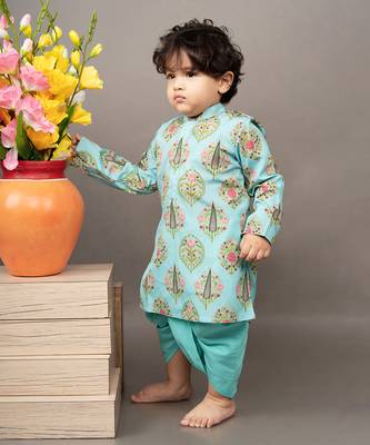 Aqua blue silk printed floral kurta and dhoti set 3