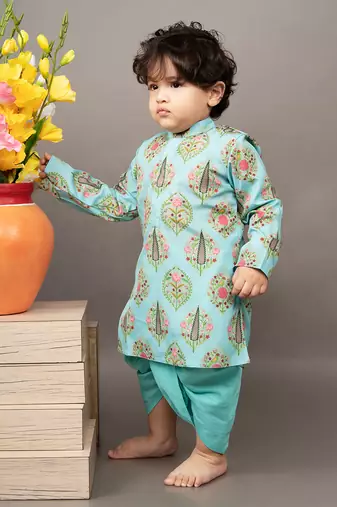 Aqua blue silk printed floral kurta and dhoti set