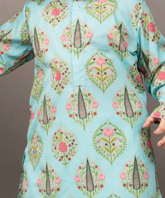 Aqua blue silk printed floral kurta and dhoti set 4