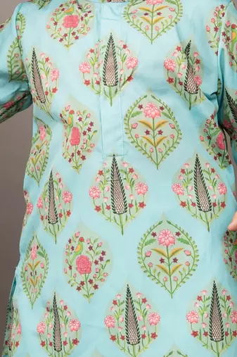 Aqua blue silk printed floral kurta and dhoti set
