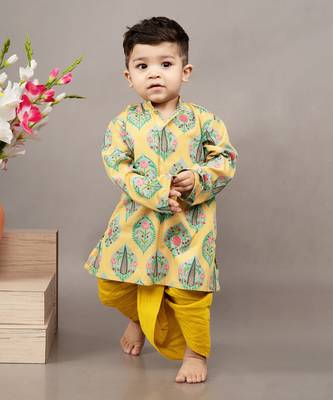 Mustard yellow silk printed floral kurta and dhoti set 1