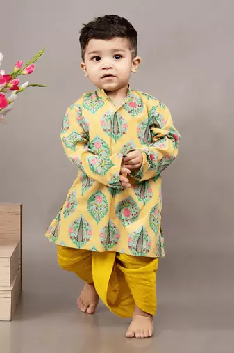 Mustard yellow silk printed floral kurta and dhoti set