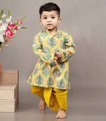 Mustard yellow silk printed floral kurta and dhoti set