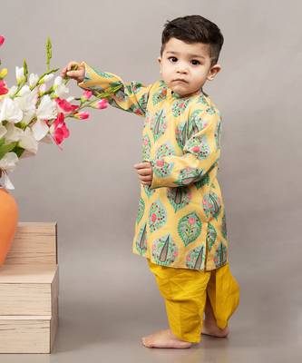Mustard yellow silk printed floral kurta and dhoti set 2