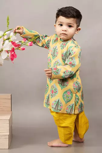 Mustard yellow silk printed floral kurta and dhoti set