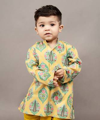 Mustard yellow silk printed floral kurta and dhoti set 3