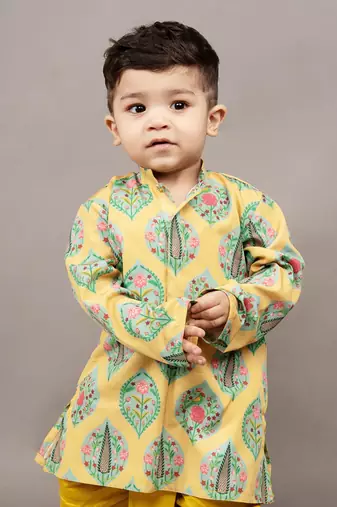 Mustard yellow silk printed floral kurta and dhoti set
