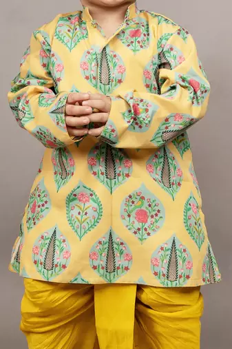 Mustard yellow silk printed floral kurta and dhoti set
