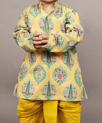 Mustard yellow silk printed floral kurta and dhoti set 5