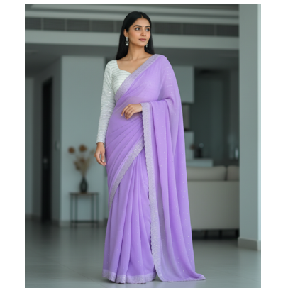 Lilac Faux Georgette Stonework Embroidered Saree with Blouse 1