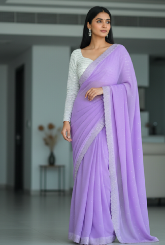 Lilac Faux Georgette Stonework Embroidered Saree with Blouse